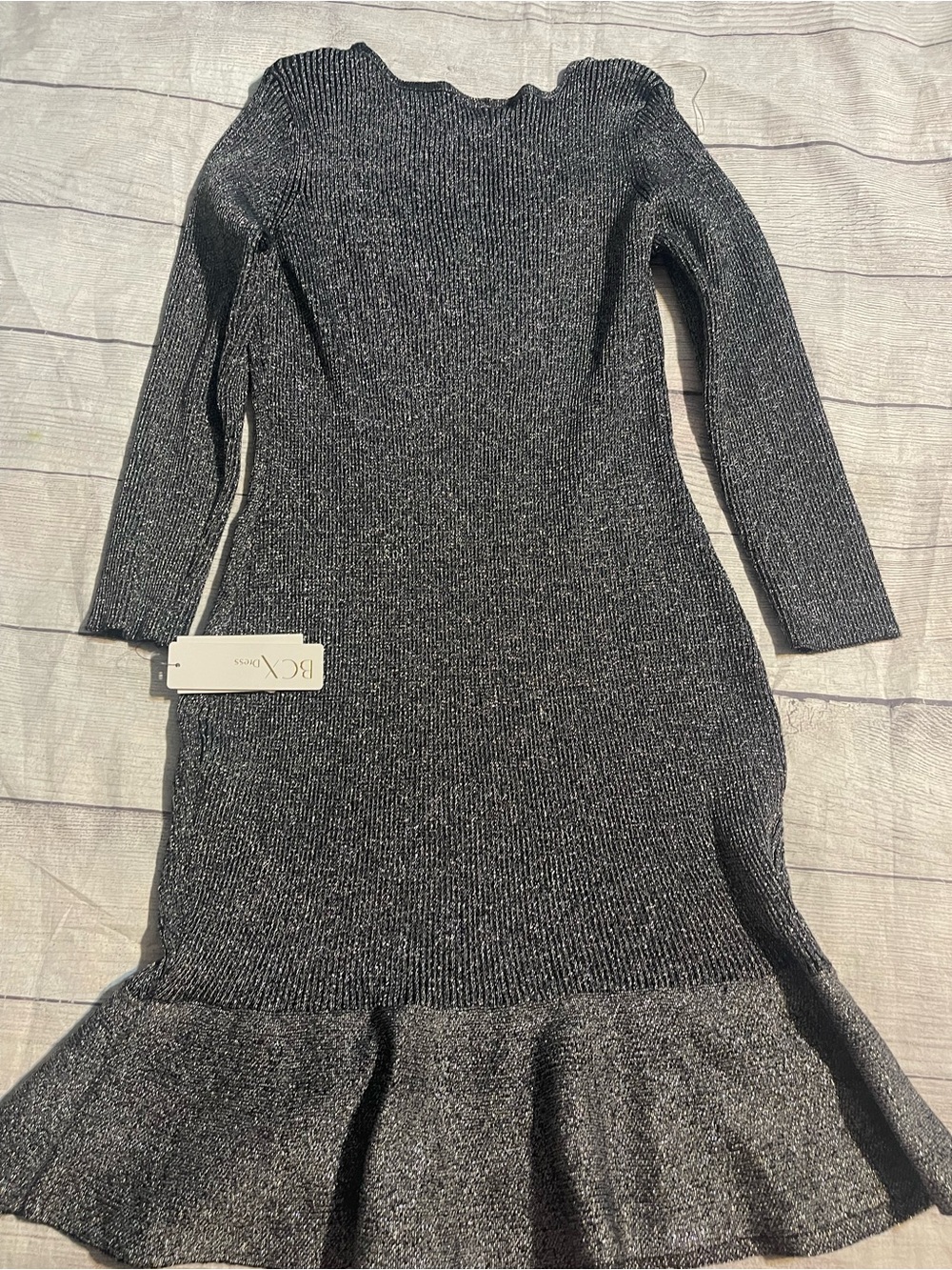 Juniors BCX Metallic Black Long-Sleeve Ruffle-Hem Knit Dress